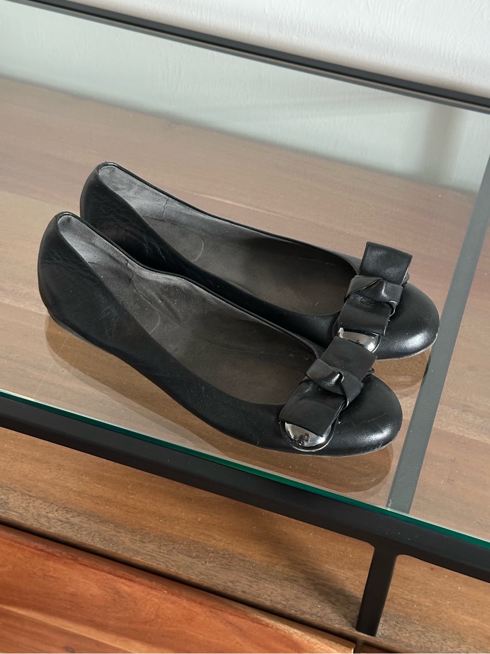 Stuart Weitzman Black Leather Bow Ballet Flats Silver Hardware Balletcore 10